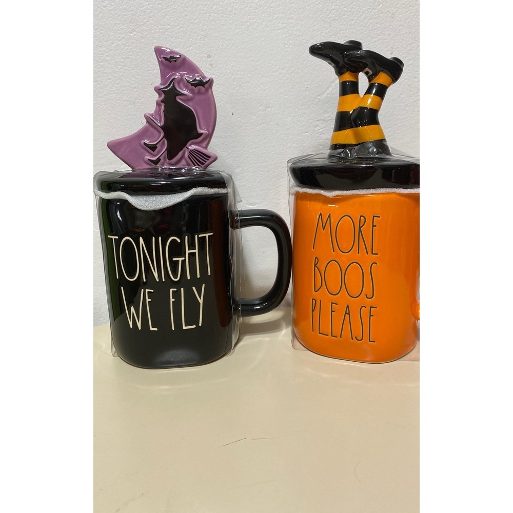 Rae Dunn Halloween Mugs with Toppers Set of 2 Witch‎ Legs Tonight We Fly